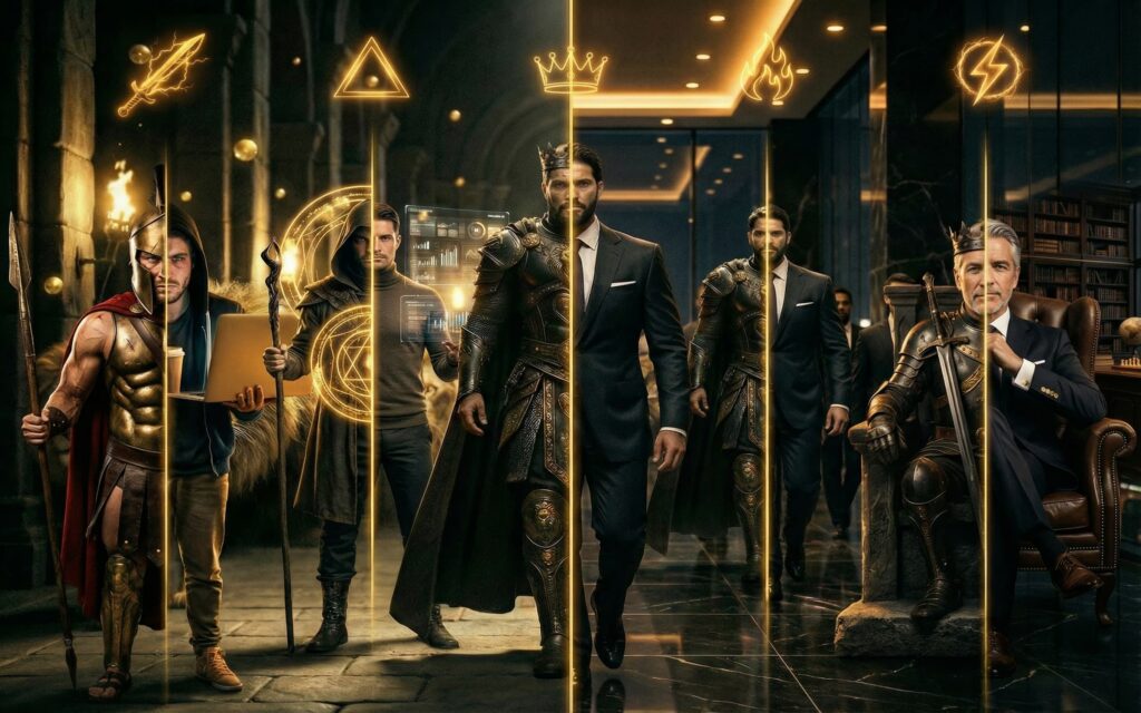 Cinematic composite image of five male archetypes arranged in vertical split panels with glowing golden dividers. From left to right: a Spartan warrior in bronze armor and red cape holding a sword; a hooded mage figure holding a staff and laptop surrounded by glowing magic circles; a central king figure in ornate armor with a crown, split-composited with a modern businessman in a dark suit; a warrior-businessman hybrid striding forward with a flame icon above; and a distinguished older man in a suit seated in a leather chair in a library, holding a sword at rest. Each panel features a glowing golden icon overhead — lightning bolts, a triangle, a crown, and flames. The palette is dark and moody with rich amber and gold lighting throughout.
